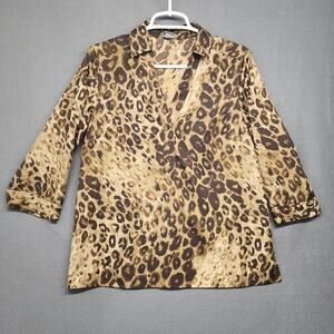 Ann Taylor Shirt Top Womens Large Petite Leopard Animal Print Button Up Blouse